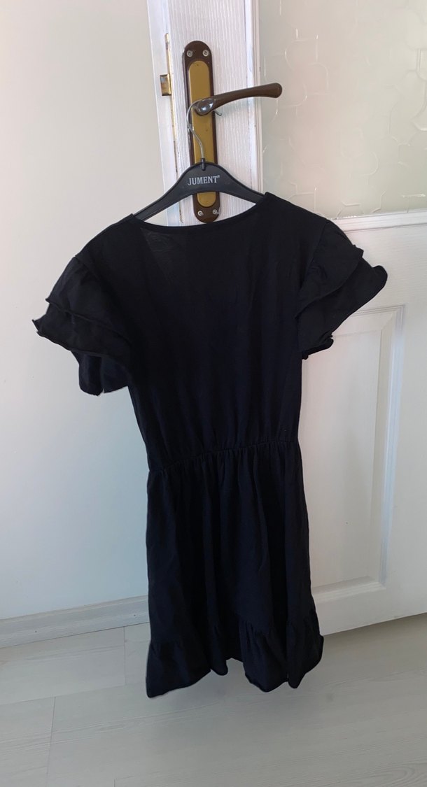 Kadın Siyah Keten Midi Elbise V Yaka - Görsel 2