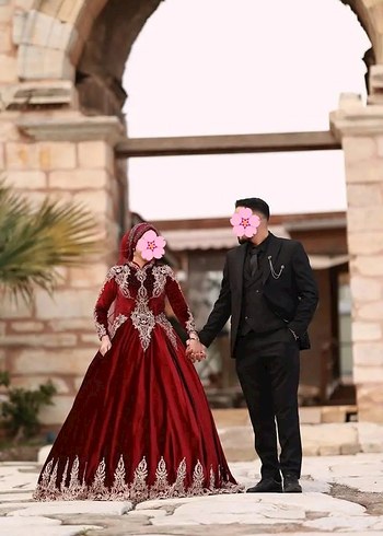 Bordo Uzun Kollu Etnik Drape Henna Elbisesi