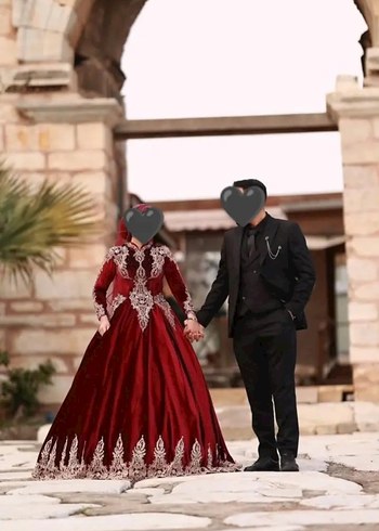 46 Beden bordo Renk Bordo Uzun Kollu Etnik Drape Henna Elbisesi