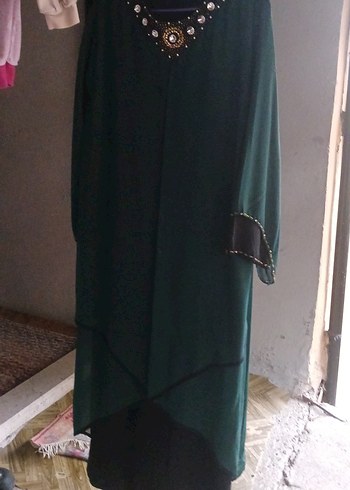 Yeşil Uzun Bohem Nakışlı V Yaka Elbise