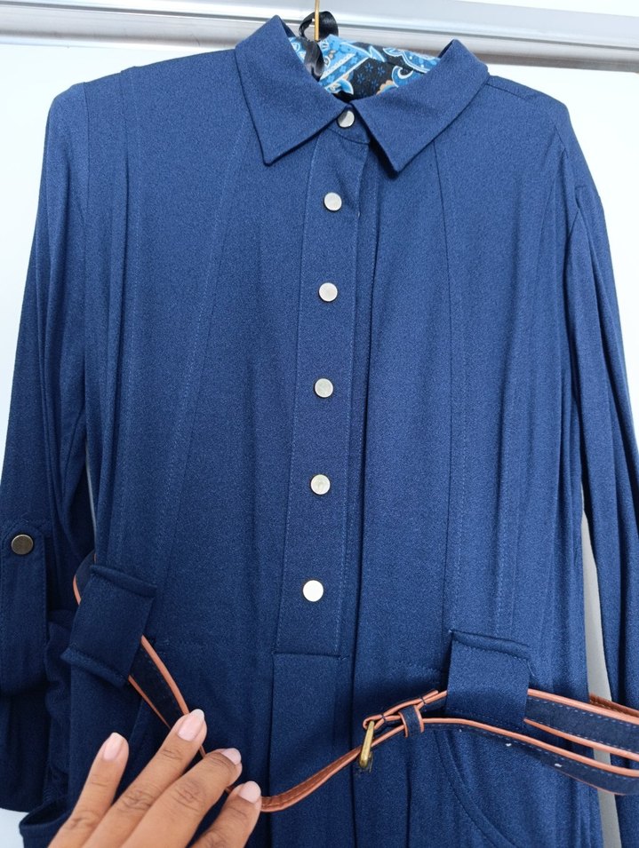 Kemerli Lacivert Uzun Kollu Kadın Elbise - Görsel 2