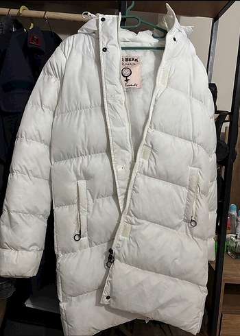 Beyaz Midi Şişme Kadın Kışlık Mont - Görsel 3