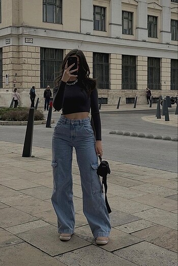 TRENDYOLMILLA Indigo Kargo Cepli Yüksek Bel Wide Leg Jeans