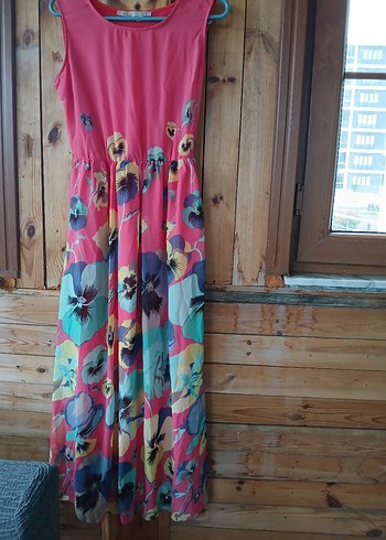 Pembe Çiçek Desenli Bohem sifon Uzun Elbise