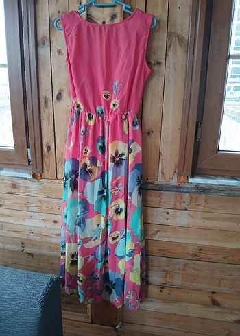 xl Beden pembe Renk Pembe Çiçek Desenli Bohem sifon Uzun Elbise