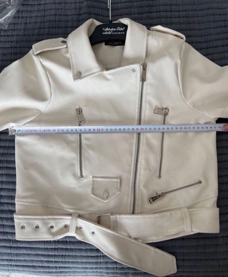 Bej Mini Suni Deri Kemerli Ceket - Görsel 4