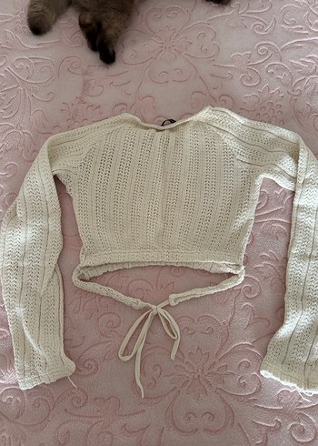 Beyaz Örgü Uzun Kollu Kadın crop kazak - Görsel 2