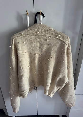 Kadın Bej Triko Hırka İnci Detaylı - Görsel 2