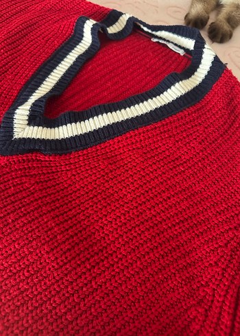 V Yaka Kırmızı Örgü Kadın Kazak - Görsel 3