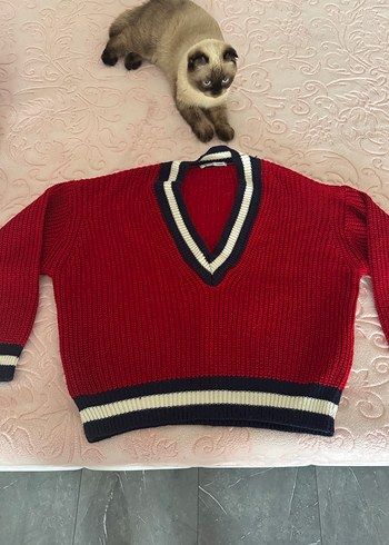 V Yaka Kırmızı Örgü Kadın Kazak - Görsel 2