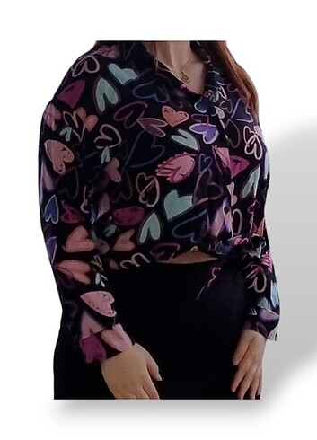 xxl Beden Fall In Love Regular Fit Renkli Kalp Desenli Uzun Kollu Bağlamal