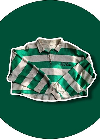 Çizgili Polo Yaka Relax Fit Uzun Kollu Crop Tişört - Görsel 6