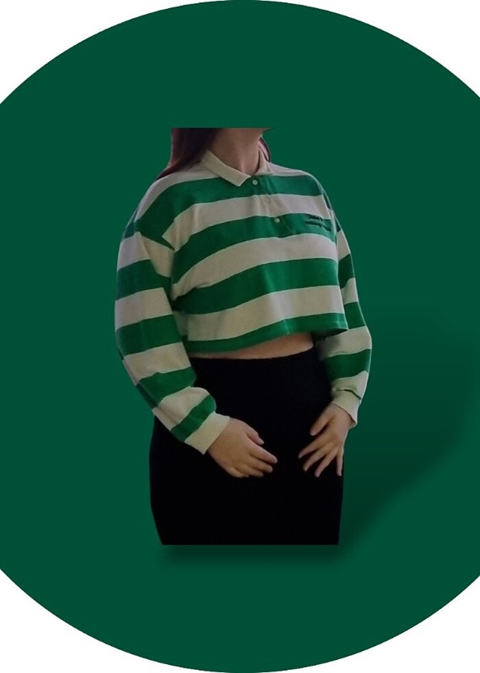 Çizgili Polo Yaka Relax Fit Uzun Kollu Crop Tişört - Görsel 4