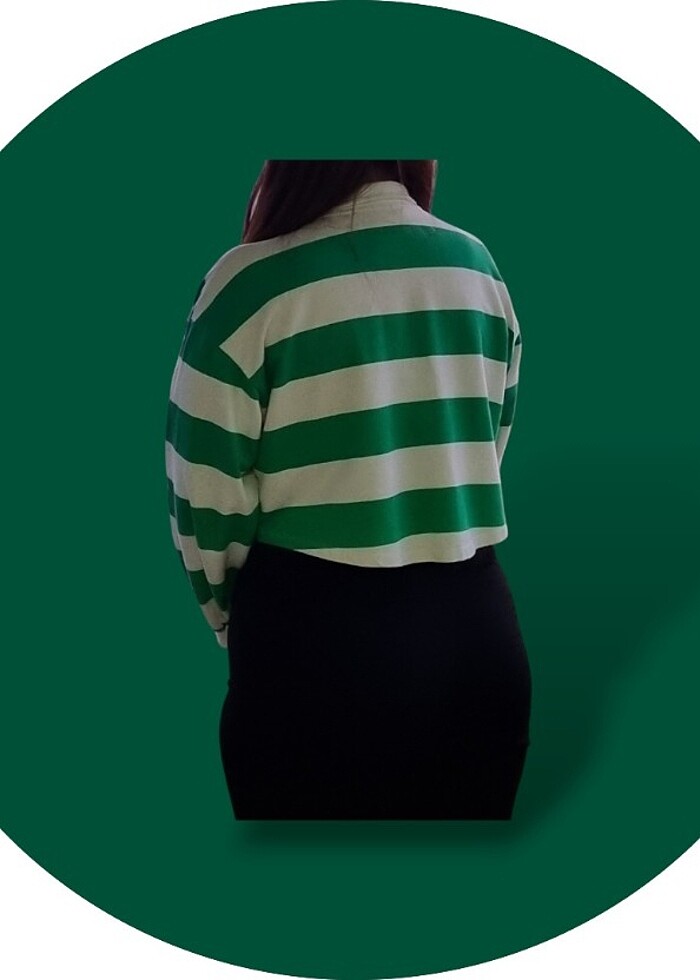 Çizgili Polo Yaka Relax Fit Uzun Kollu Crop Tişört - Görsel 3