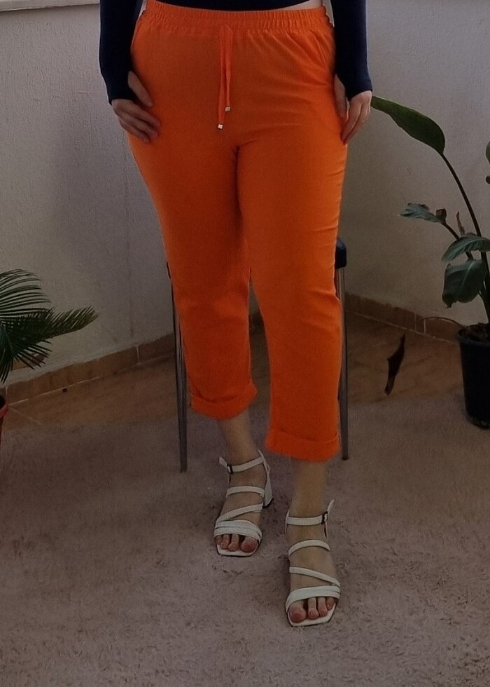 MD Trend Kadın Turuncu Bağlamalı Çift Cepli Paça Katlı Pantolon - Görsel 2