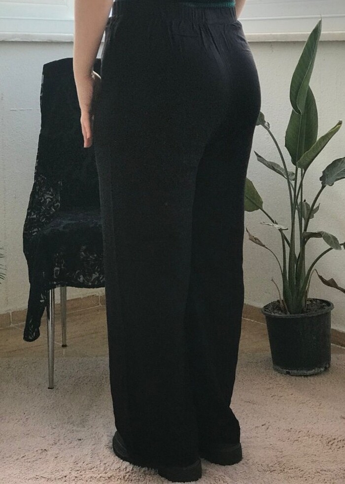 Bol Paça Beli Lastikli Siyah Şalvar  - Görsel 3