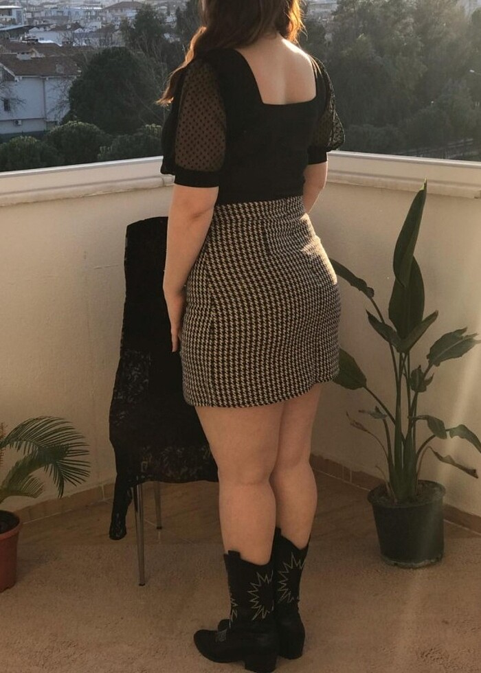 A Kesim Kareli Astarlı Mini Etek  - Görsel 4