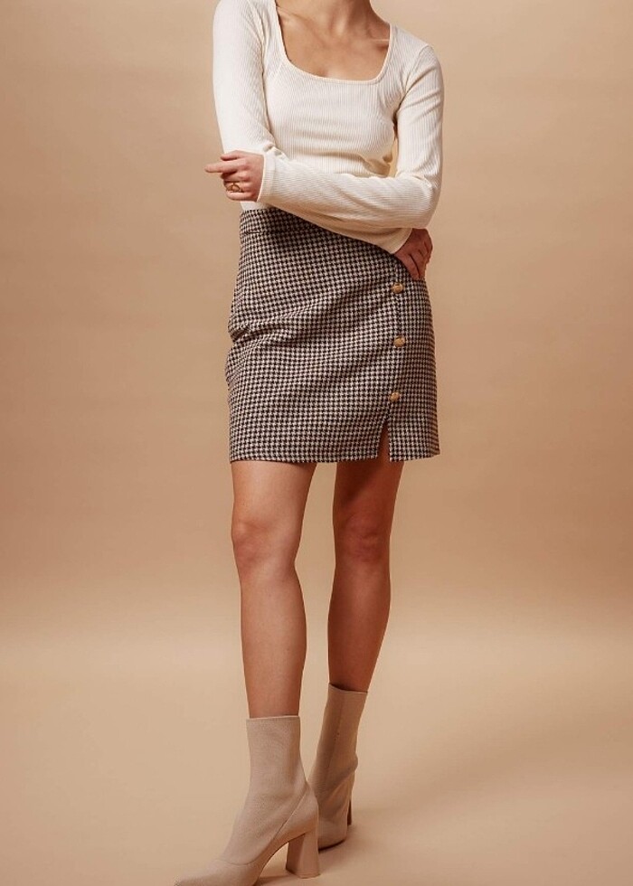 A Kesim Kareli Astarlı Mini Etek  - Görsel 5