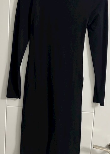 Siyah V Yaka Midi Kalem Elbise - Görsel 3