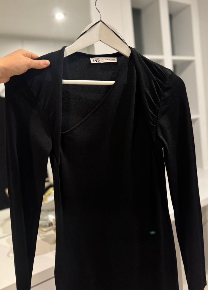 Siyah V Yaka Midi Kalem Elbise - Görsel 4