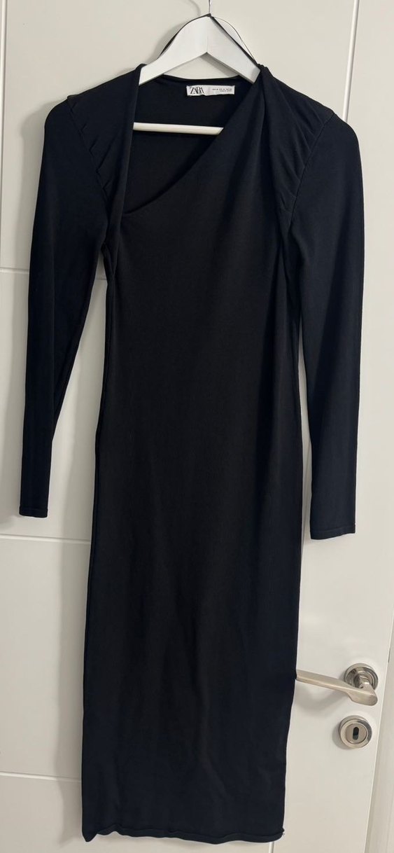 Siyah V Yaka Midi Kalem Elbise - Görsel 2