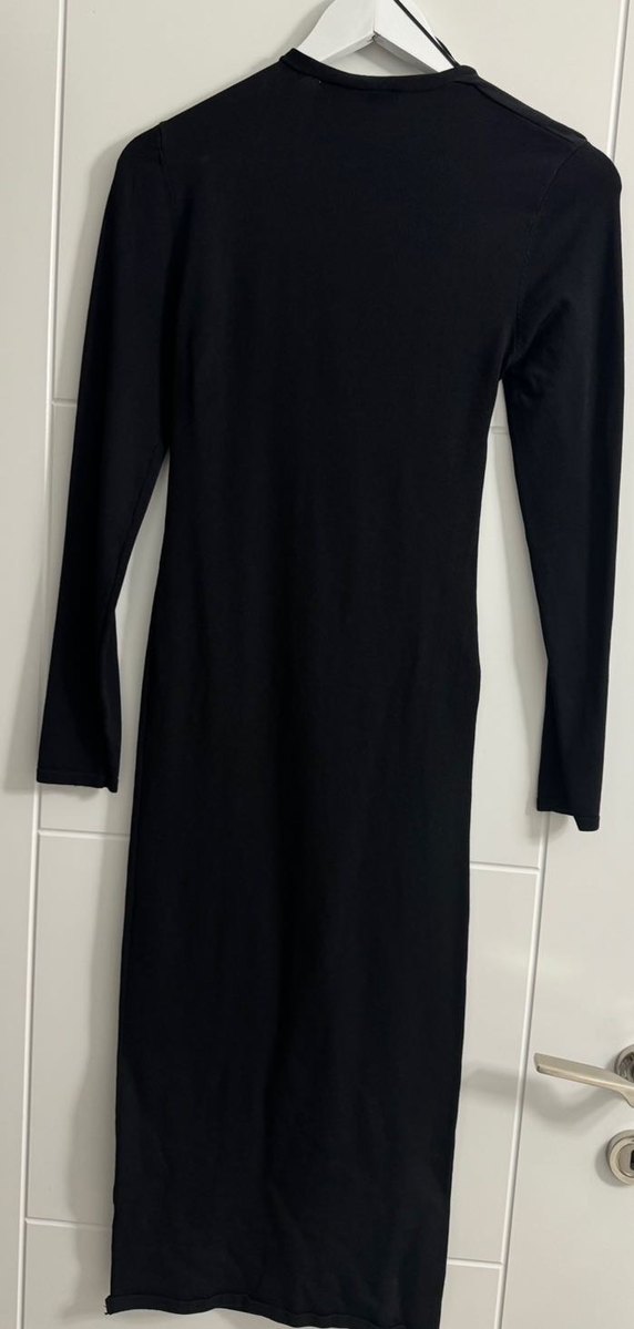 Siyah V Yaka Midi Kalem Elbise - Görsel 3