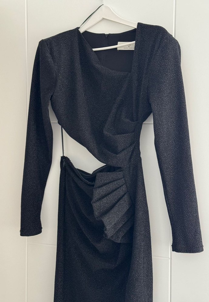 Adl Siyah Uzun Drapeli Kadın Elbise - Görsel 4