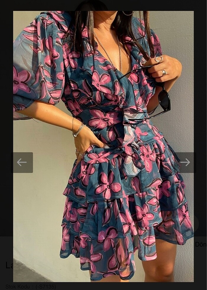 Pembe Çiçekli Lacivert Elbise - Görsel 3