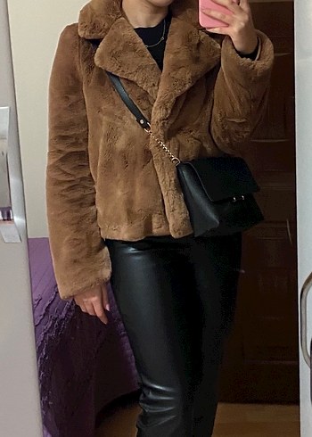 Pull and Bear Kahverengi Kadın Kürk Mont - Görsel 5