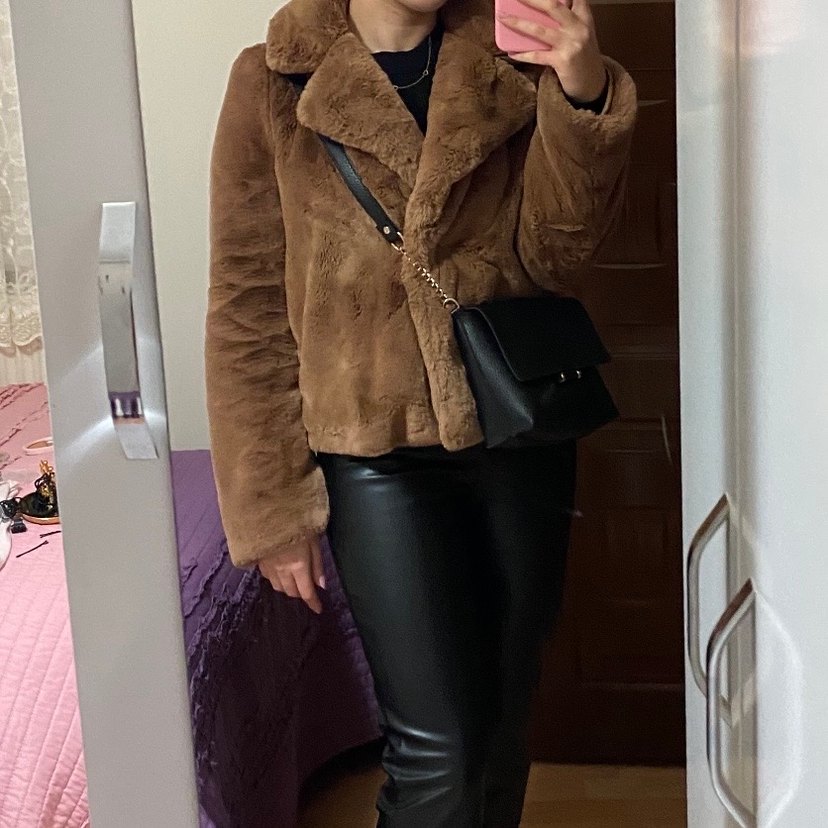 Pull and Bear Kahverengi Kadın Kürk Mont - Görsel 5