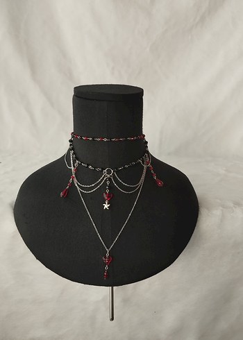 Beden kırmızı Renk Koyu Kırmızı Gotik Zincir Detaylı Midi Kolye
