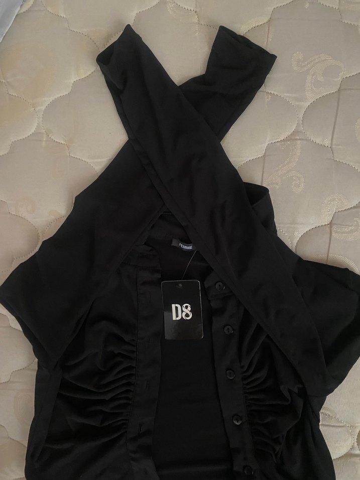 Düğmeli Siyah Mini Kadın Gömlek - Görsel 2