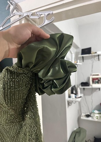 38 Beden gri Renk Boncuk taş Detaylı haki Uzun Abiye Elbise