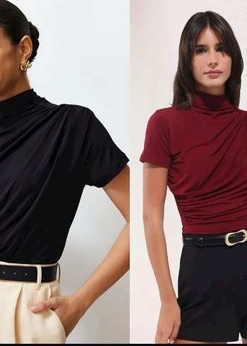Bordo Mini Yüksek Yaka Kısa Kollu Kadın Bluz