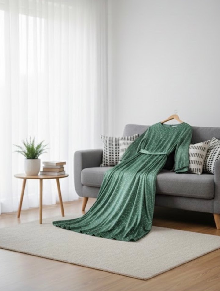 Yeşil Pileli Uzun Elbise V Yaka - Görsel 2