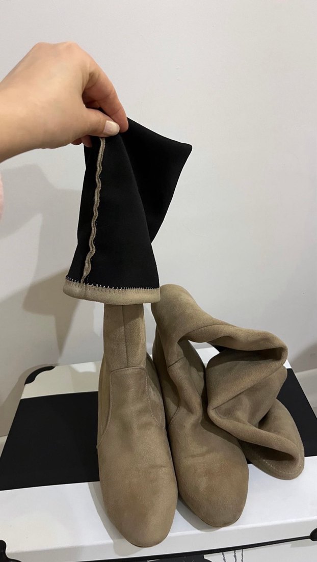 Bej Süet Diz Üstü Kemerli Topuklu Çizme - Görsel 4