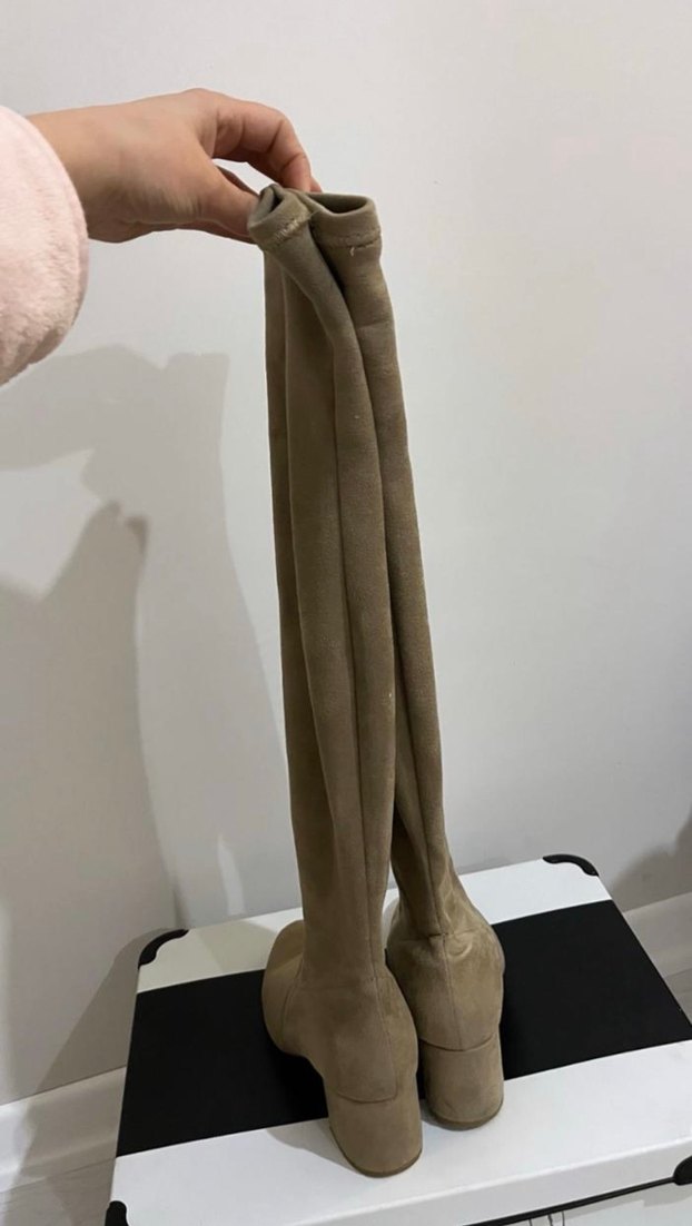 Bej Süet Diz Üstü Kemerli Topuklu Çizme - Görsel 3