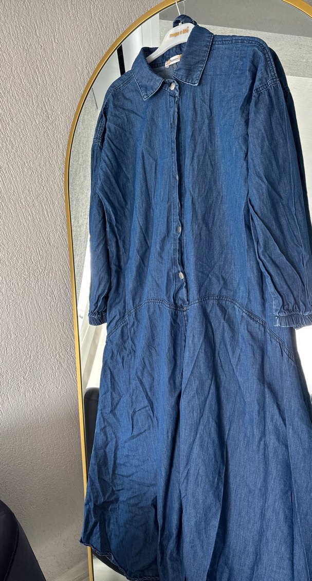 Düğmeli Lacivert Uzun Denim Elbise - Görsel 2