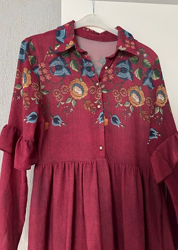 Bordo Nakışlı Uzun Bohem Elbise - Görsel 2