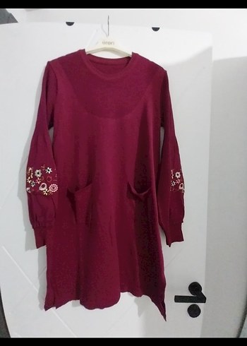 Bordo Nakışlı Bohem Uzun Kollu Triko Tunik - Görsel 2