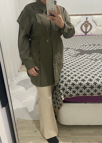 Kadın Haki Keten Uzun Kemerli tunik - Görsel 3