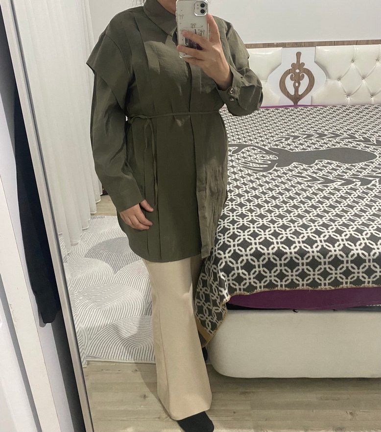 Kadın Haki Keten Uzun Kemerli tunik - Görsel 3