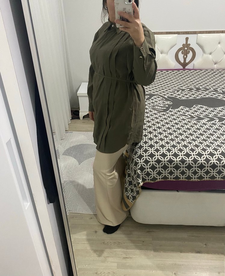 Kadın Haki Keten Uzun Kemerli tunik - Görsel 2