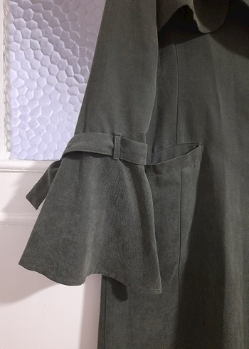 Kadın Uzun Süet Trençkot, Düğmeli, Haki - Görsel 2