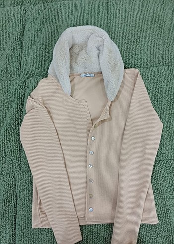 Bej Düğmeli Kadın Hırka Sıcak Kumaş - Görsel 3