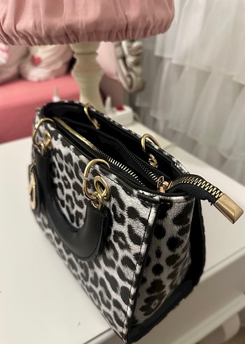 Leopar Desenli Kürklü Kadın Gri Çanta - Görsel 3