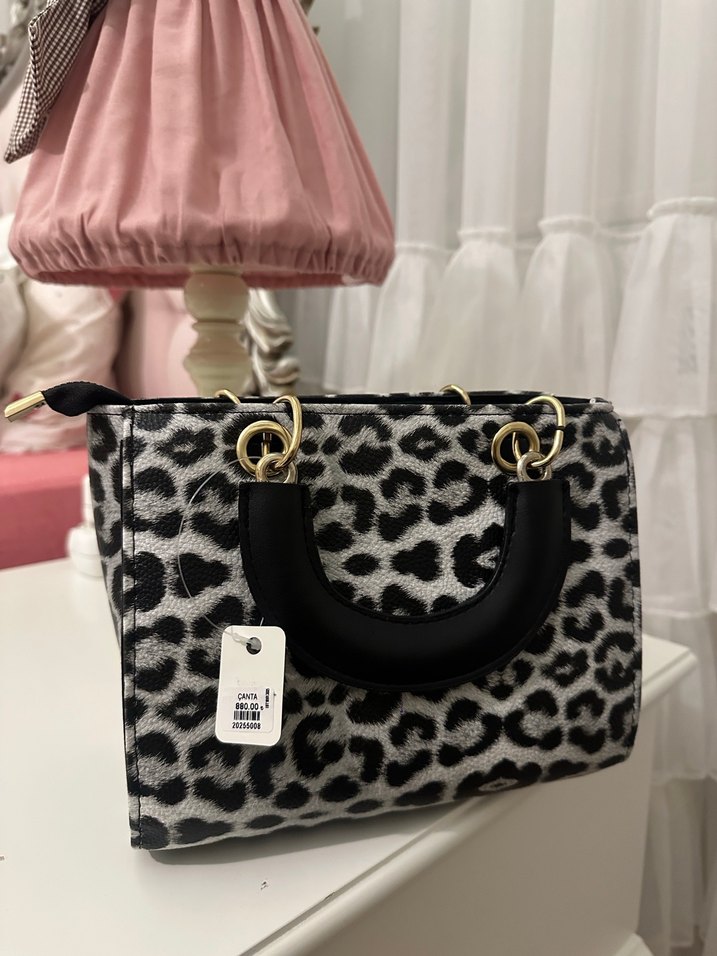 Leopar Desenli Kürklü Kadın Gri Çanta - Görsel 2