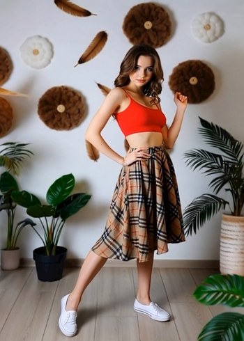 Kahverengi Ekoseli Triko Midi Etek - Görsel 2