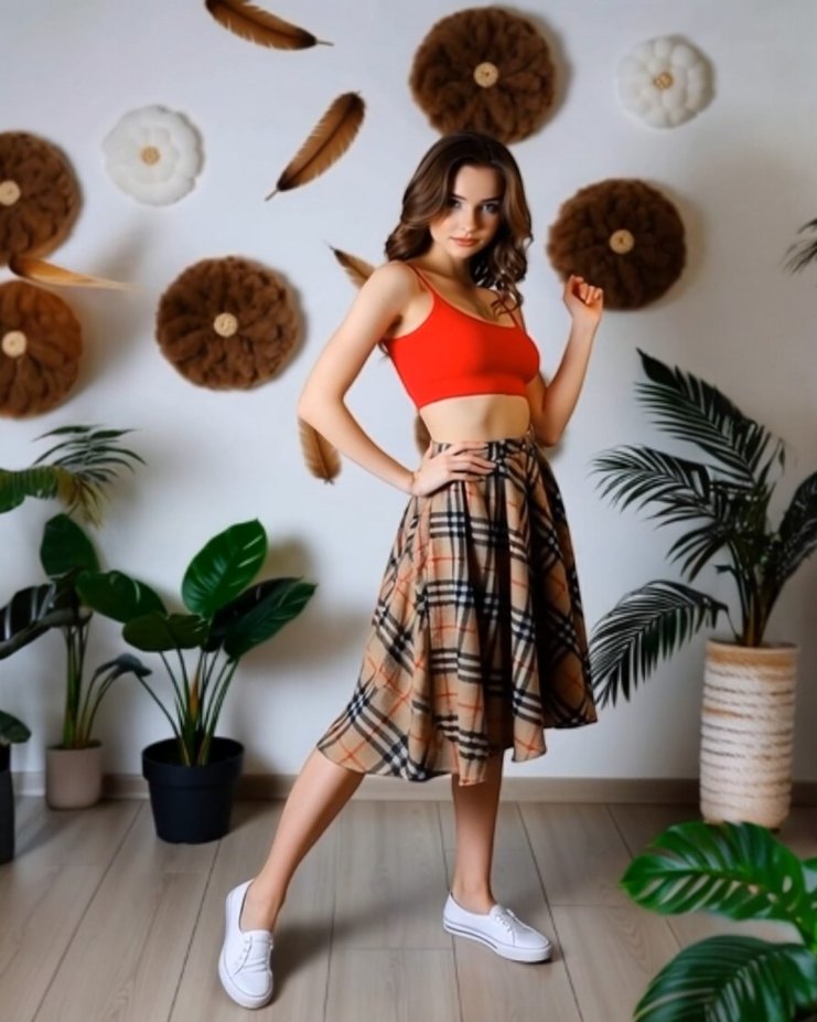 Kahverengi Ekoseli Triko Midi Etek - Görsel 2