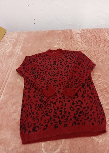 Diğer Bordo Leopar Desenli Örme Kadın Kazak esnek triko